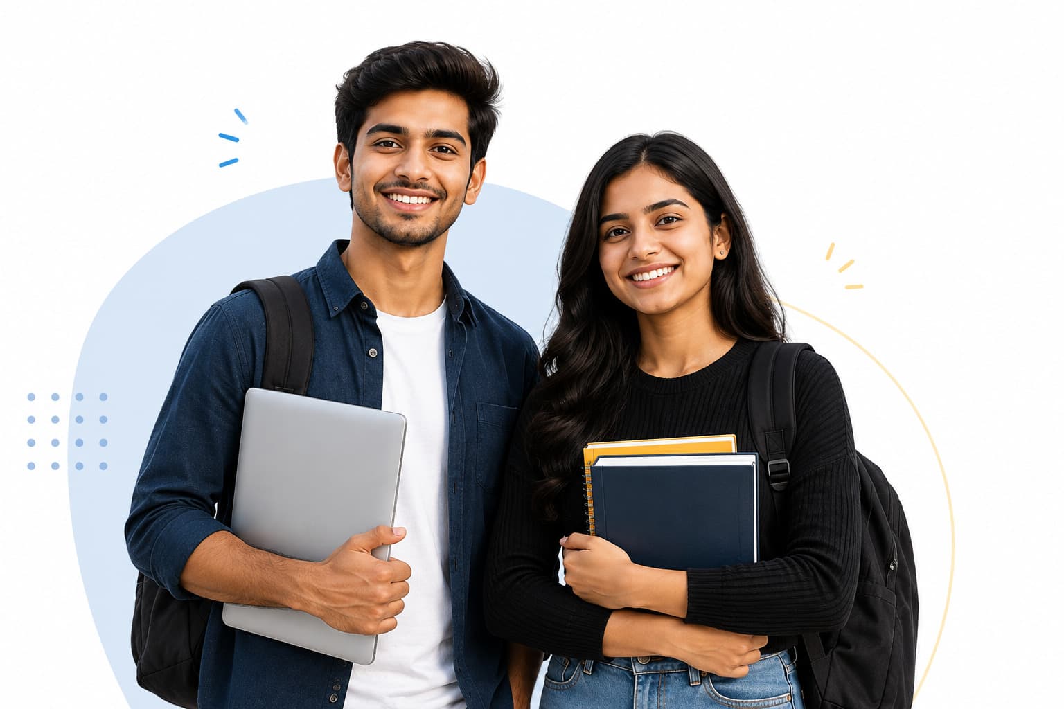 Students holding a laptop and books
